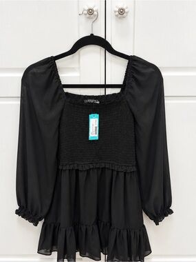 STATE Black Smocked Square-Neck Peasant Tunic